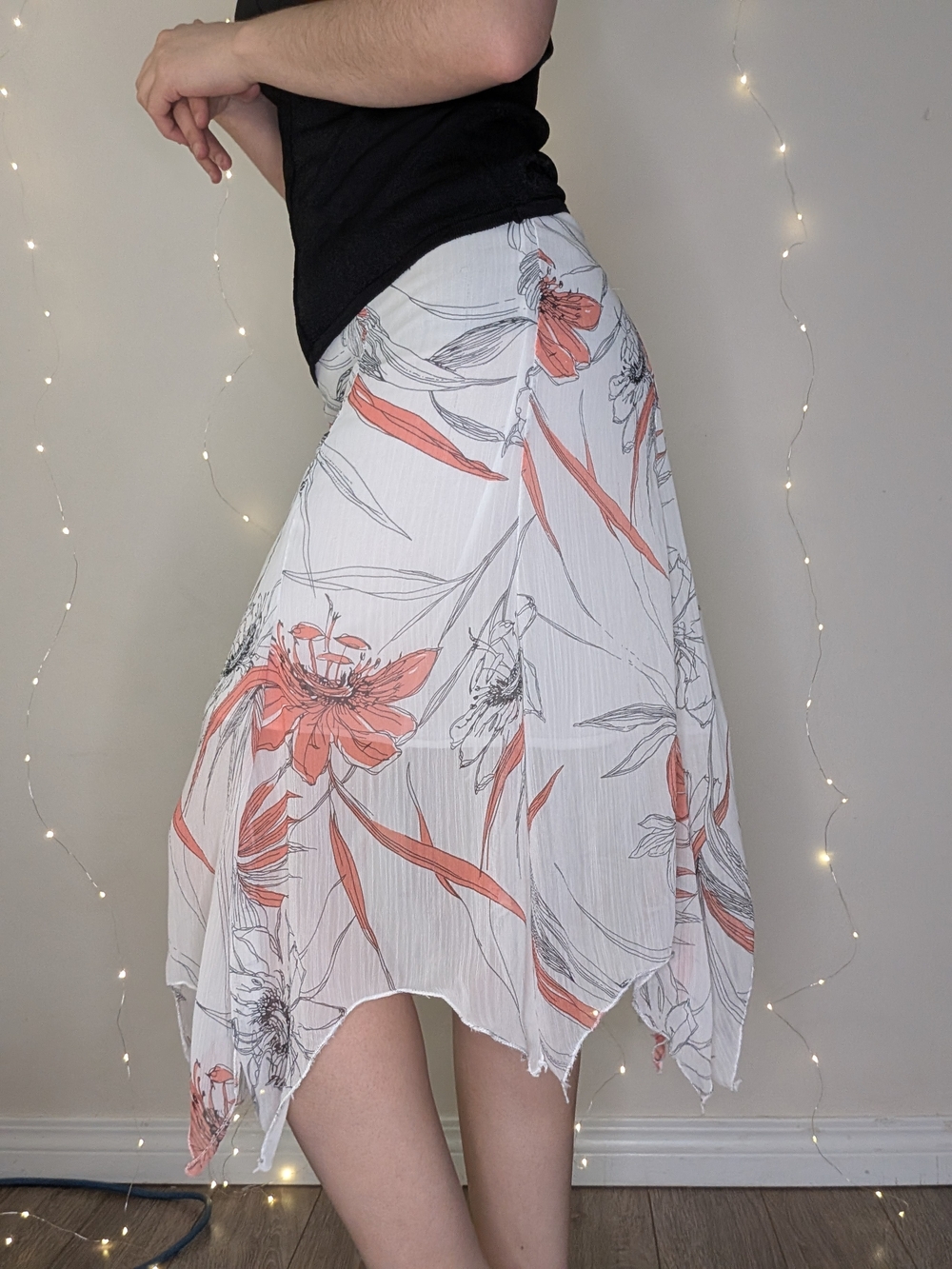 Allure White Asymmetrical Floral Midi Skirt with Coral Accents